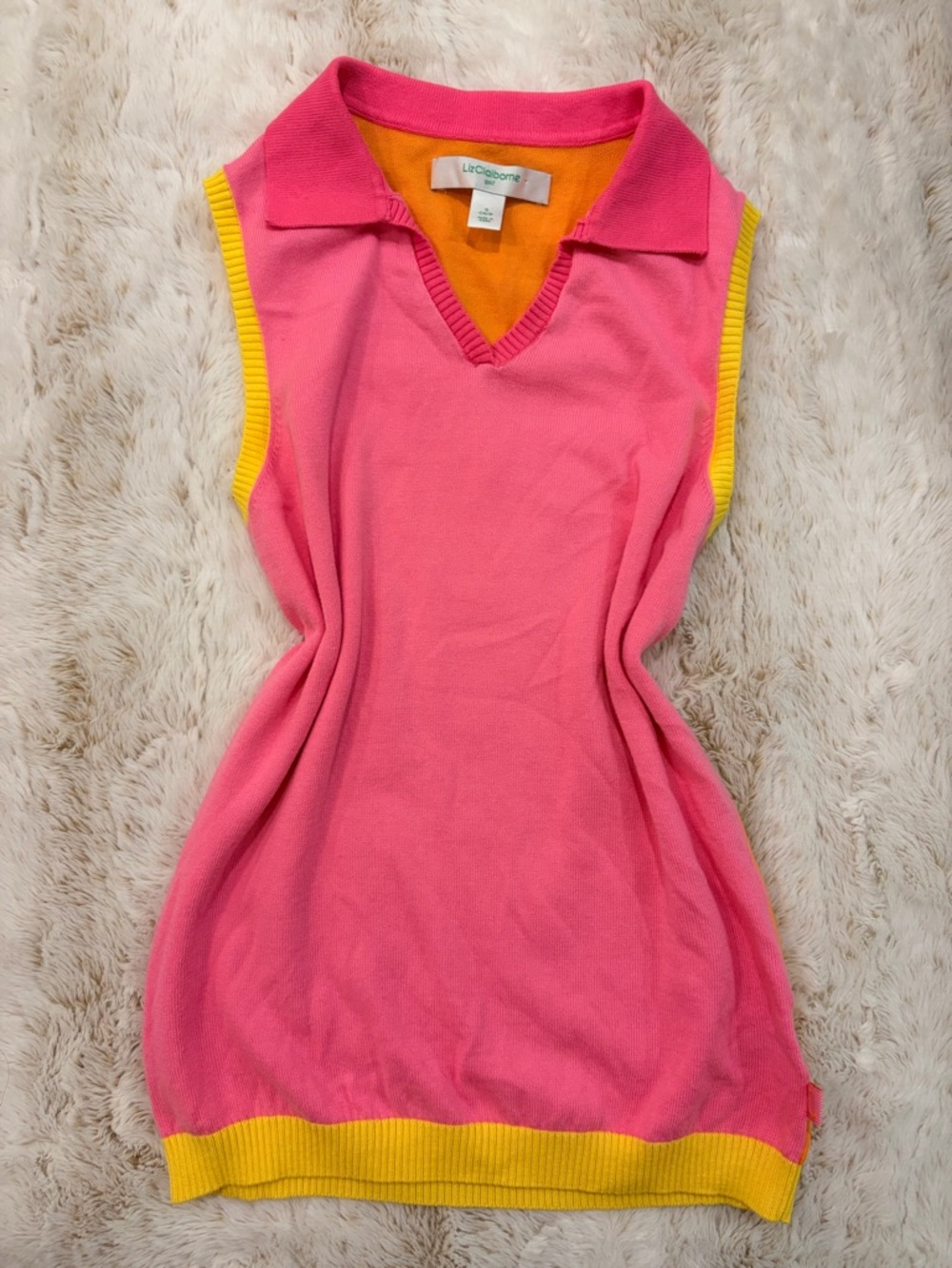 Liz Claiborne Vintage Y2K Pink Knit Sleeveless Polo Colorblock Preppy Golf Core